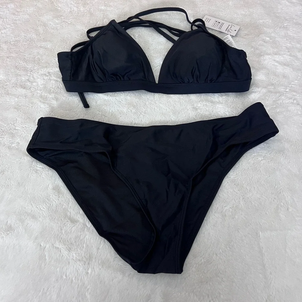 Cupshe Black Strappy Back Triangle Bikini Set CAA12C3A005AA‎ Womens Large NEW